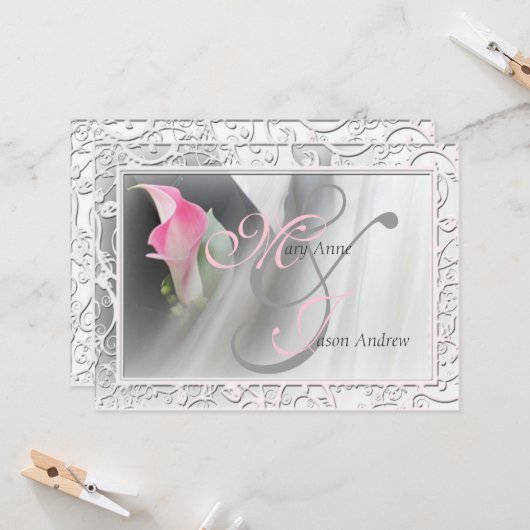 Roze Calla Lily Flourish Lijst Wedding Invitation Kaart (Voorkant / Achterkant in situ)