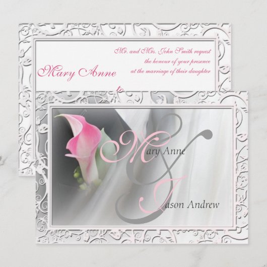 Roze Calla Lily Flourish Lijst Wedding Invitation Kaart (Voorkant / Achterkant)