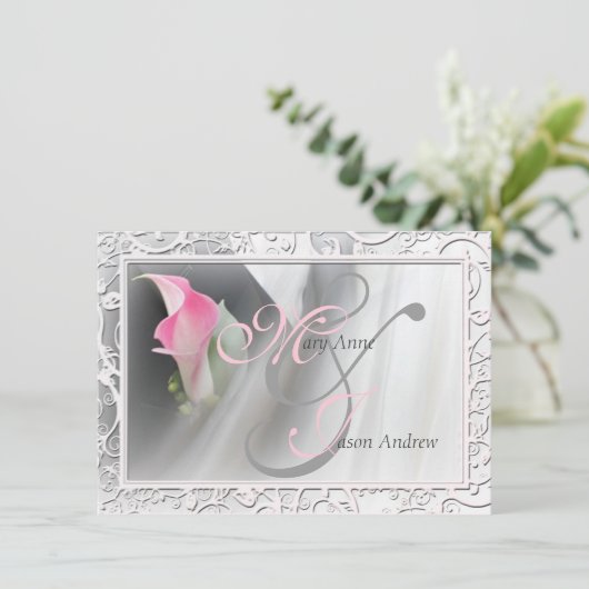 Roze Calla Lily Flourish Lijst Wedding Invitation Kaart (Staand voorkant)
