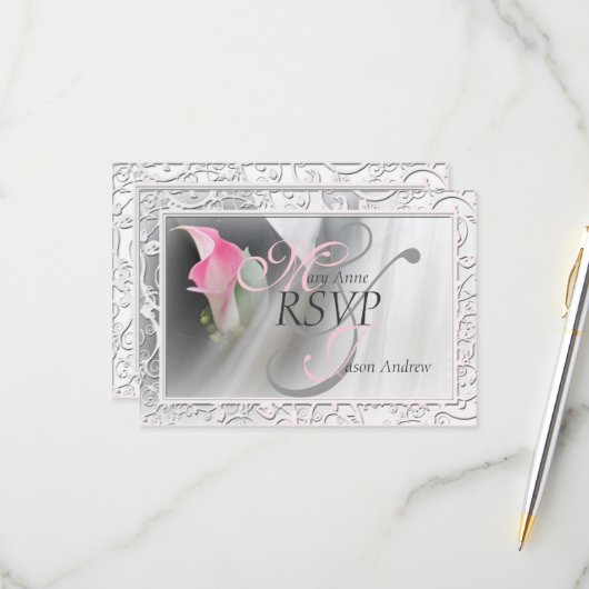 Roze Calla Lily Flourish Lijst Wedding RSVP Kaartje (Voorkant / Achterkant in situ)