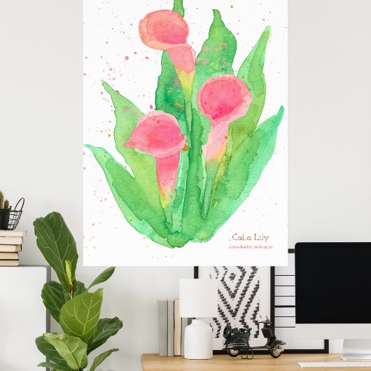 Roze Calla Lily Waterverf Flowers Botanisch Poster (Thuiskantoor)