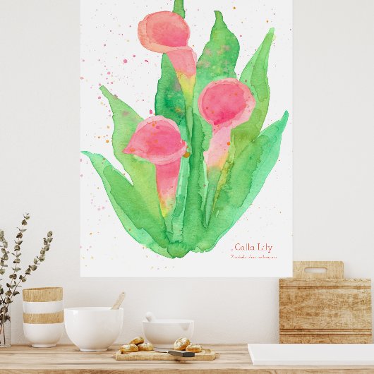 Roze Calla Lily Waterverf Flowers Botanisch Poster (Keuken)