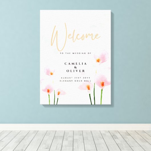 Roze Calla Lily Wedding Welkomstteken Canvas Afdruk (Insitu (Houten vloer))