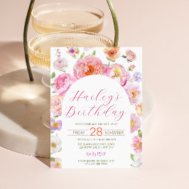 Roze Calligrafie Bloemboog Verjaardagsfeestje Kaart