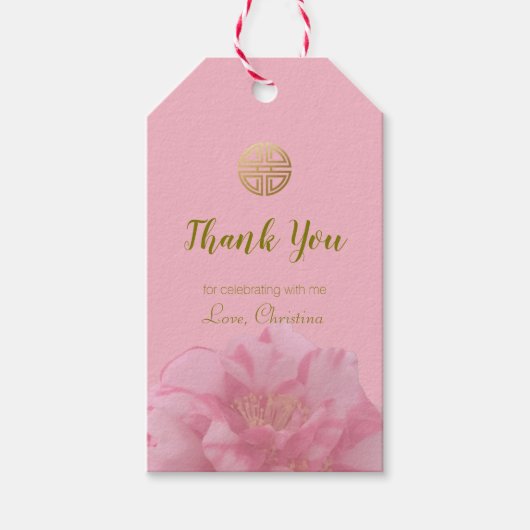 Roze Camellia Bloemen Chinese Verjaardagsfeestguns Cadeaulabel (Voorkant)