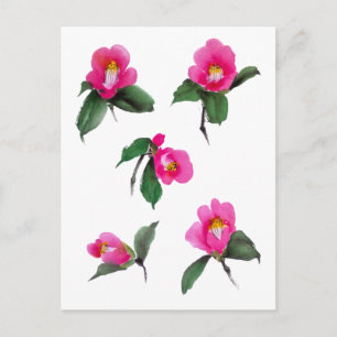 Roze camellia sumie inkt en waterverf schilderen briefkaart
