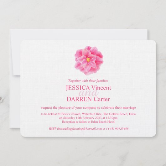 Roze camellia waterverf bruiloft kaart (Achterkant)