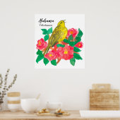 Roze Camellias Bird Yellowhammer Waterverf Poster (Keuken)