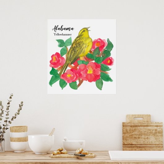 Roze Camellias Bird Yellowhammer Waterverf Poster (Keuken)