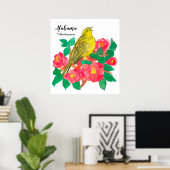 Roze Camellias Bird Yellowhammer Waterverf Poster (Thuiskantoor)