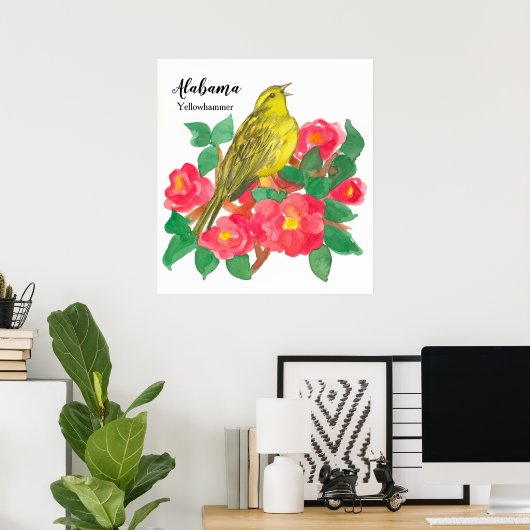 Roze Camellias Bird Yellowhammer Waterverf Poster (Thuiskantoor)