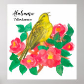 Roze Camellias Bird Yellowhammer Waterverf Poster (Voorkant)