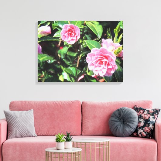 Roze Camellias Digital Painting Canvas Wall Art (Insitu (Woonkamer))