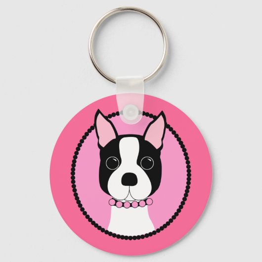 Roze Cameo Boston Terrier Sleutelhanger (Voorkant)