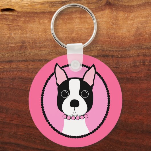 Roze Cameo Boston Terrier Sleutelhanger (Voorkant)