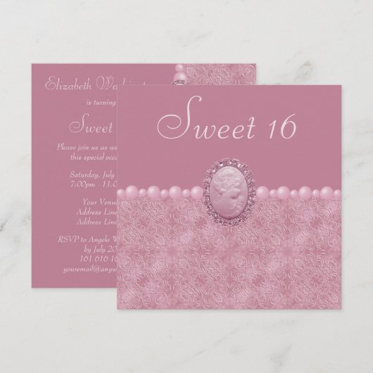 Roze  cameo en parels zoet 16 kaart (Voorkant / Achterkant)