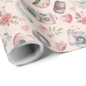Roze  camera cadeaupapier (Rol Hoek)