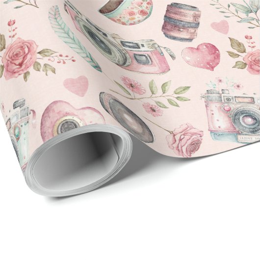 Roze  camera cadeaupapier (Rol Hoek)