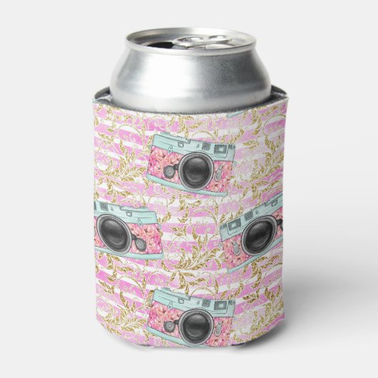 Roze camera's op gestreepte achtergrond Koelboxxen Blikjeskoeler (Blikje Voorkant)