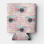 Roze camera's op gestreepte achtergrond Koelboxxen Blikjeskoeler (Voorkant)