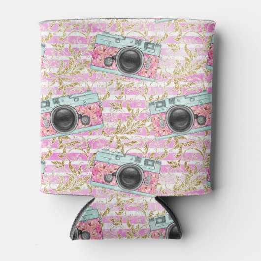 Roze camera's op gestreepte achtergrond Koelboxxen Blikjeskoeler (Voorkant)