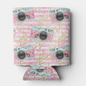 Roze camera's op gestreepte achtergrond Koelboxxen Blikjeskoeler (Achterkant)