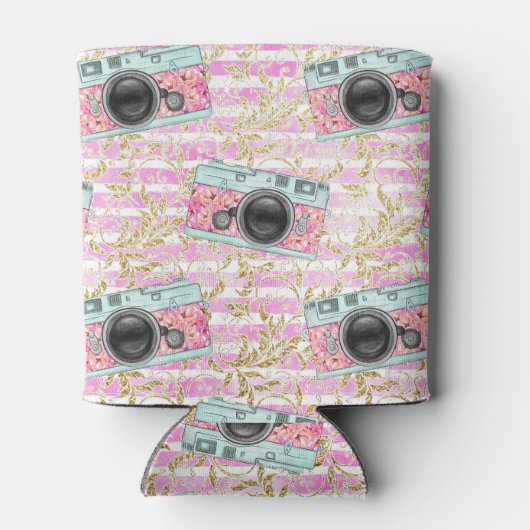 Roze camera's op gestreepte achtergrond Koelboxxen Blikjeskoeler (Achterkant)