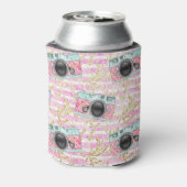 Roze camera's op gestreepte achtergrond Koelboxxen Blikjeskoeler (Blikje Achterkant)