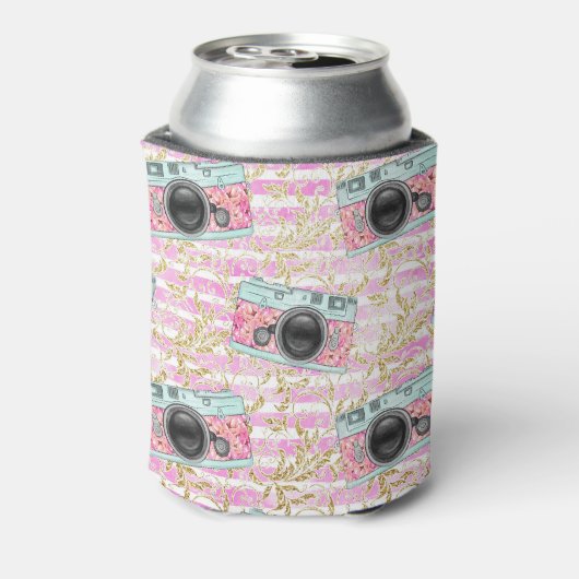 Roze camera's op gestreepte achtergrond Koelboxxen Blikjeskoeler (Blikje Achterkant)