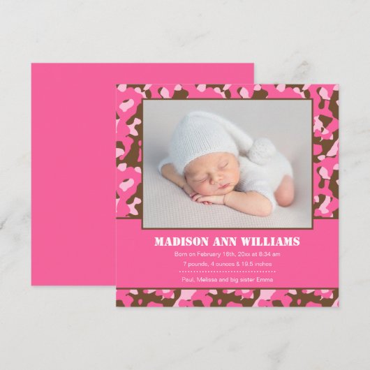 Roze Camo Baby Foto Geboorte Aankondiging (Voorkant / Achterkant)