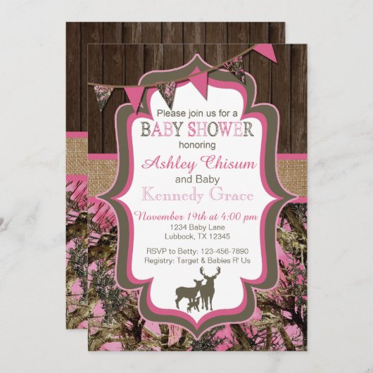 Roze Camo Baby shower Uitnodiging (Voorkant / Achterkant)