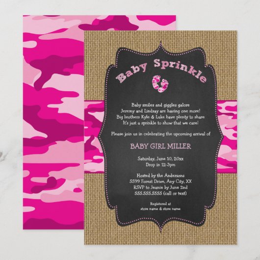 Roze Camo Baby Sprinkle Invite, camouflage burlap Kaart (Voorkant / Achterkant)