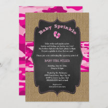 Roze Camo Baby Sprinkle Invite, camouflage burlap