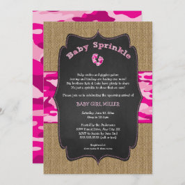 Roze Camo Baby Sprinkle Invite, camouflage burlap Kaart