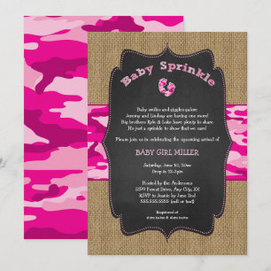 Roze Camo Baby Sprinkle Invite, camouflage burlap Kaart