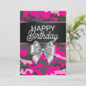 Roze Camo & Bow Happy Birthday Day Kaart (Staand voorkant)