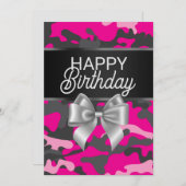 Roze Camo & Bow Happy Birthday Day Kaart (Voorkant / Achterkant)