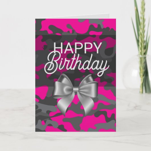 Roze Camo & Bow Happy Birthday Kaart (Voorkant)