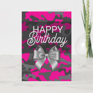 Roze Camo & Bow Happy Birthday Kaart