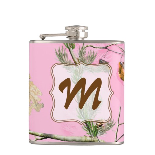 Roze Camo Camouflage Hunt Monogram Whiskey Flask Heupfles (Voorkant)
