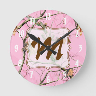 Roze Camo Camouflage Monogram Initialen wandklok
