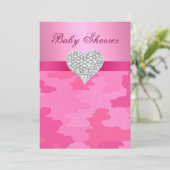 Roze Camo Diamond Heart Baby shower Uitnodiging (Staand voorkant)