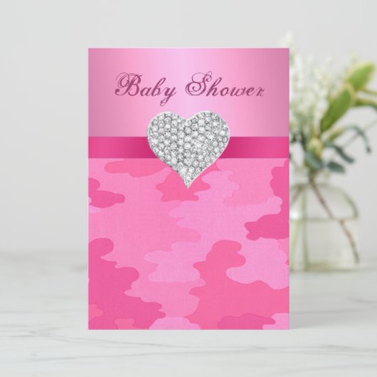 Roze Camo Diamond Heart Baby shower Uitnodiging (Staand voorkant)