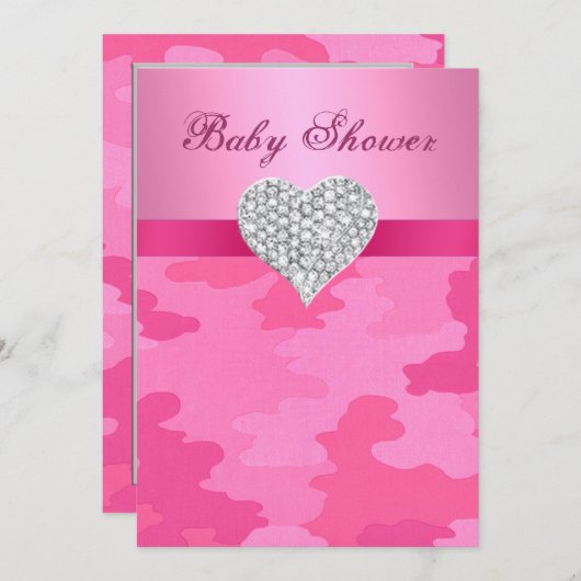 Roze Camo Diamond Heart Baby shower Uitnodiging (Voorkant / Achterkant)
