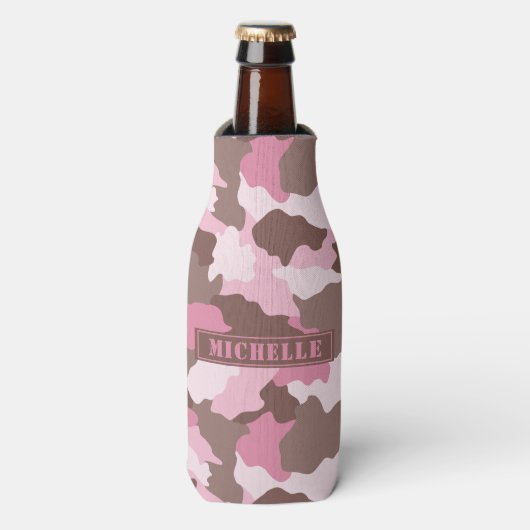 Roze Camo Girly Camouflage Monogram Naam Flesjeskoeler (Fles Voorkant)