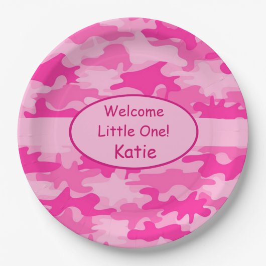 Roze Camo Name Personalized New Baby Girl Papieren Bordje (Voorkant)