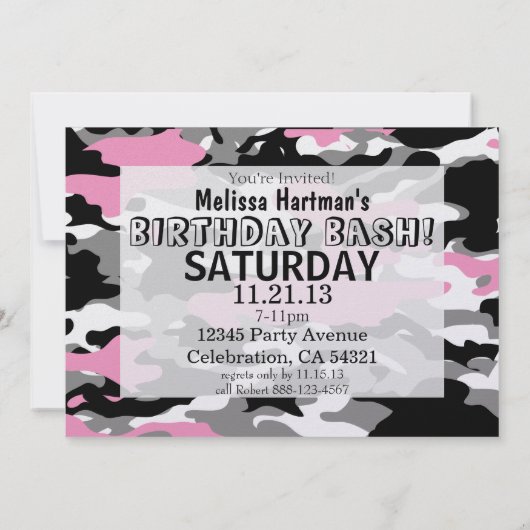 Roze Camo party Invitation sjabloon Kaart (Achterkant)