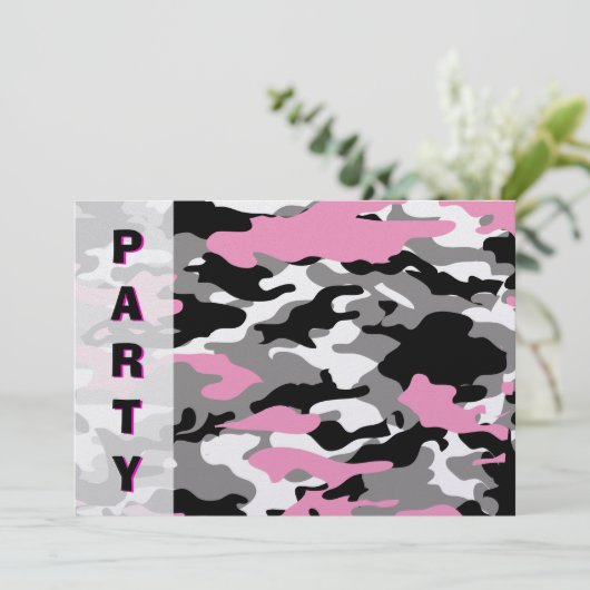 Roze Camo party Invitation sjabloon Kaart (Staand voorkant)