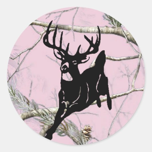 Roze Camo Running Buck Ronde Sticker (Voorkant)