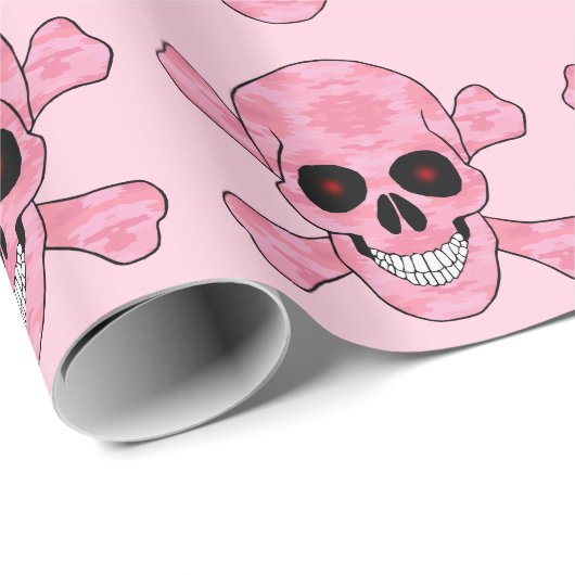 Roze Camo Schedel Rode ogen Kruisbeenderen Wrappin Cadeaupapier (Rol Hoek)